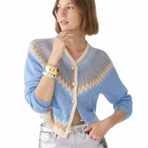 J.Crew Fair Isle Cardigan Sweater in Thunder Blue Size L with Gold Buttons